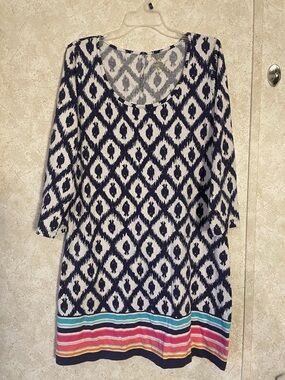 Lilly Pulitzer Navy and White Ikat Long Sleeve Dress with Multicolor Stripe Hem